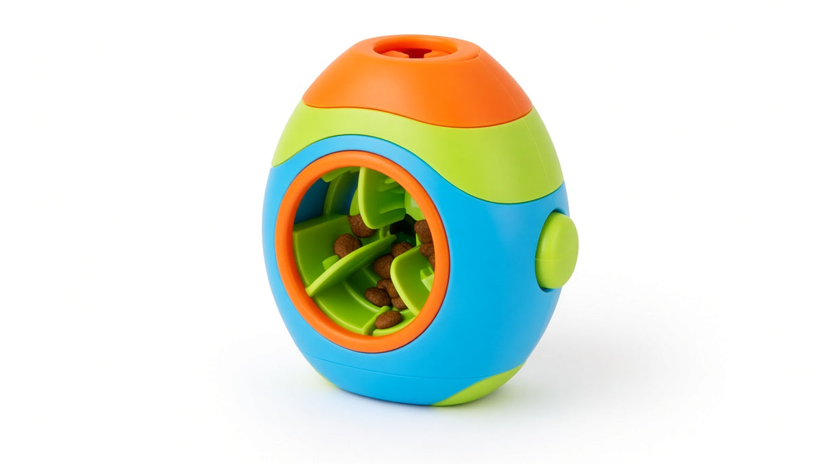 Studio product hero: interactive puzzle slow feeder tumbler on white