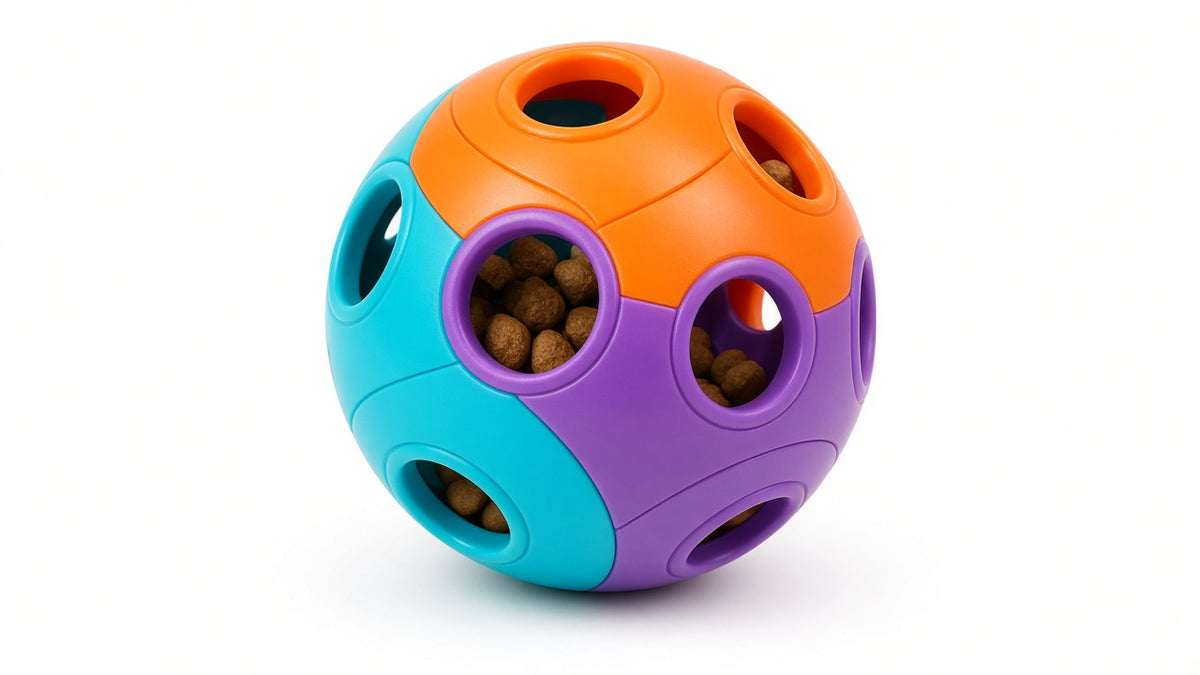 Studio product hero: treat dispensing food ball on white